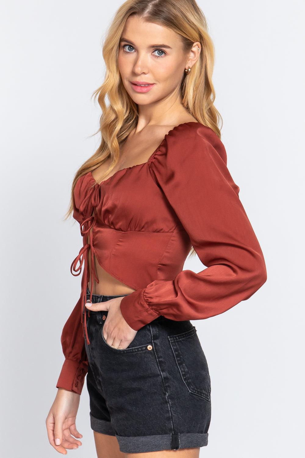 Long Sleeve Sweetheart Neck Front Ribbon Tie Detail Woven Top Blue Zone Planet