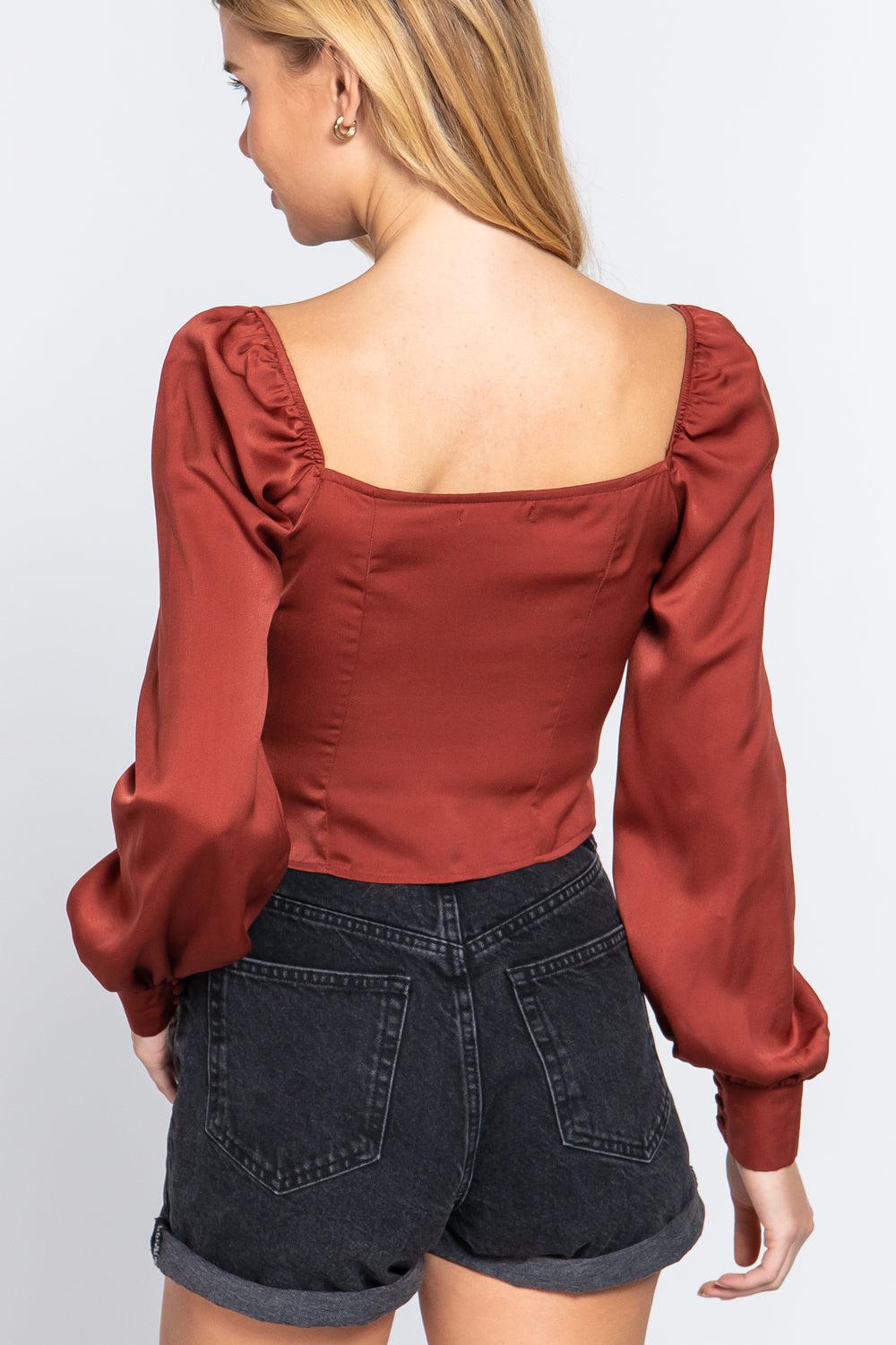 Long Sleeve Sweetheart Neck Front Ribbon Tie Detail Woven Top Blue Zone Planet