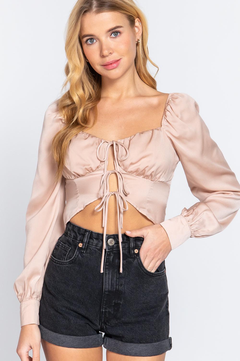 Long Sleeve Sweetheart Neck Front Ribbon Tie Detail Woven Top Blue Zone Planet