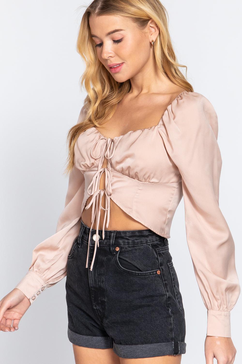 Long Sleeve Sweetheart Neck Front Ribbon Tie Detail Woven Top Blue Zone Planet