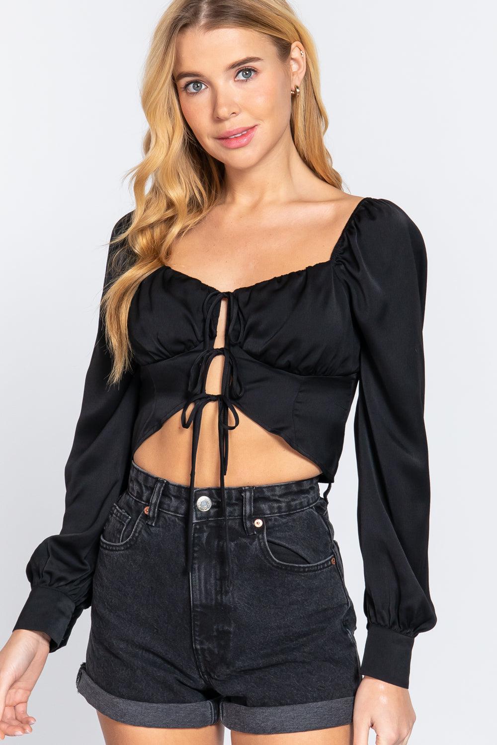 Long Sleeve Sweetheart Neck Front Ribbon Tie Detail Woven Top Blue Zone Planet