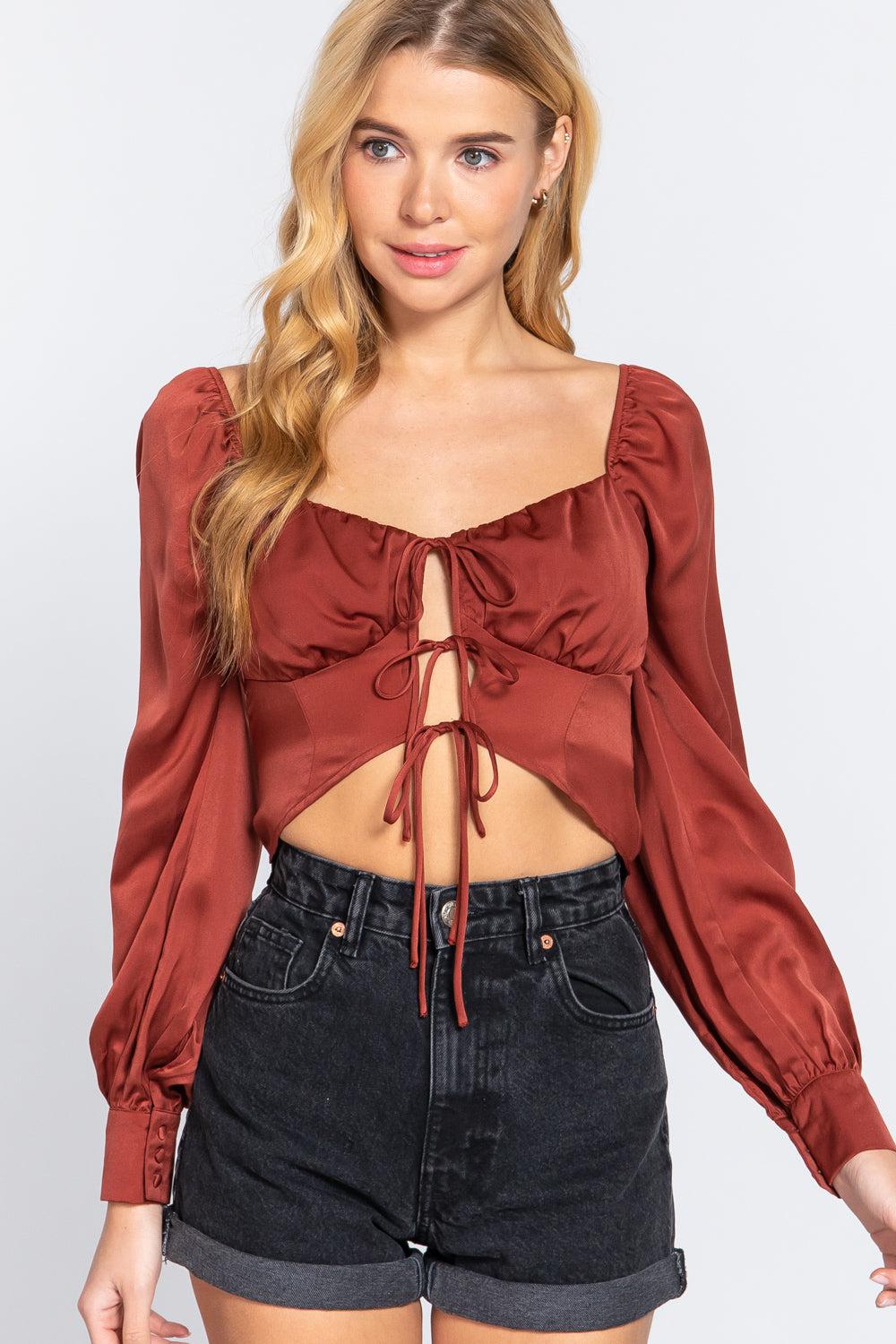 Long Sleeve Sweetheart Neck Front Ribbon Tie Detail Woven Top Blue Zone Planet