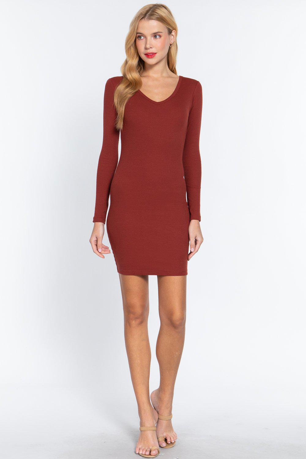 Long Slv V-neck Mini Rib Dress Blue Zone Planet