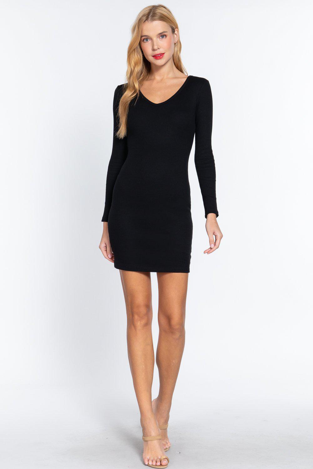 Long Slv V-neck Mini Rib Dress Blue Zone Planet