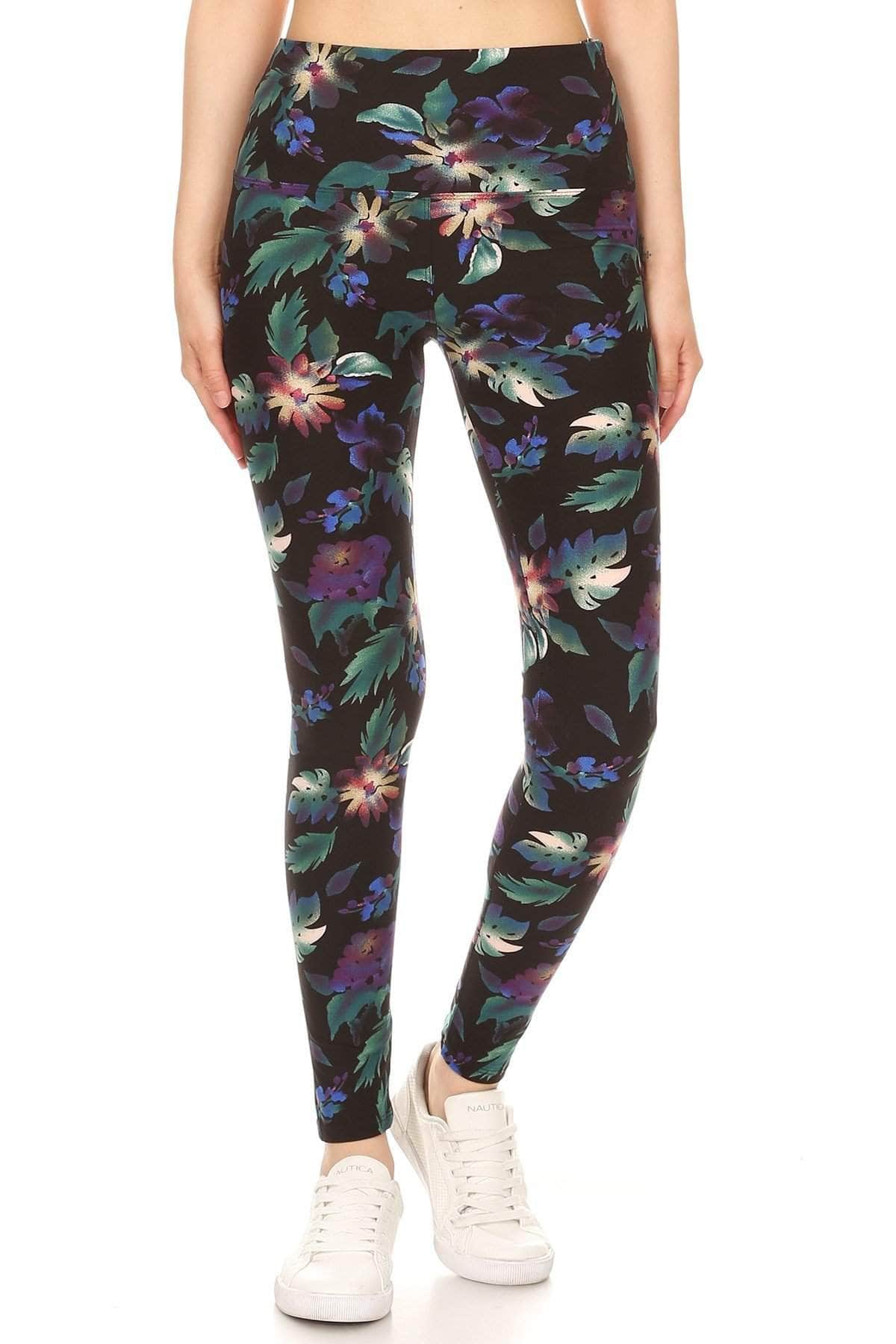 Long Yoga Style Banded Lined Floral Printed Knit Legging With High Waist Blue Zone Planet