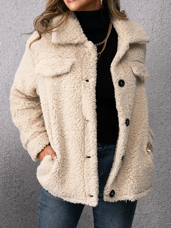 Loose Casual Lapel Plush Jacket Lamb Fleece Coat BLUE ZONE PLANET