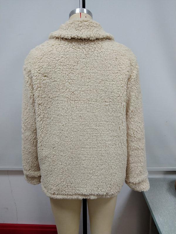 Loose Casual Lapel Plush Jacket Lamb Fleece Coat BLUE ZONE PLANET