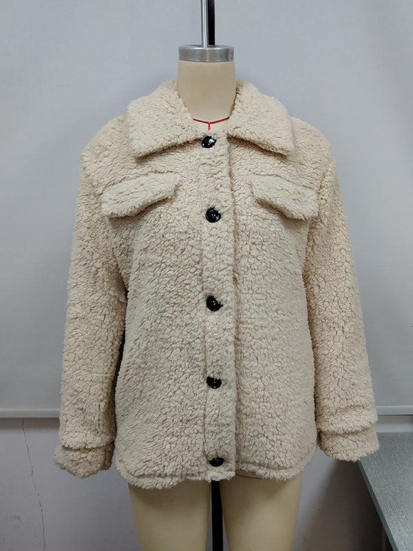 Loose Casual Lapel Plush Jacket Lamb Fleece Coat BLUE ZONE PLANET