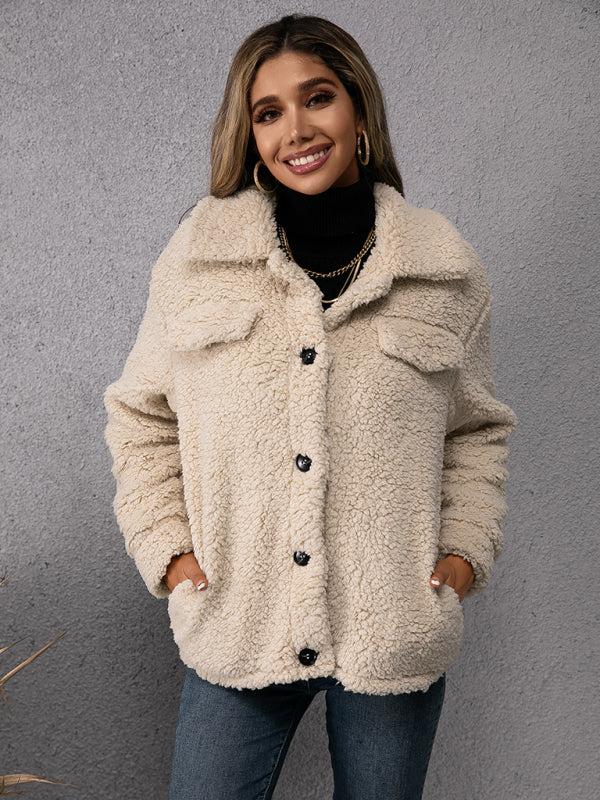 Loose Casual Lapel Plush Jacket Lamb Fleece Coat BLUE ZONE PLANET