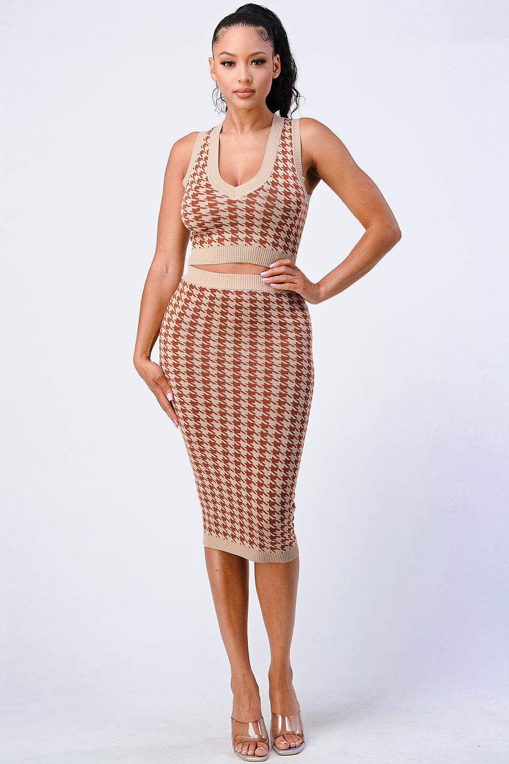 Luxe Gingham Rib Knit Top And Skirt Sets Blue Zone Planet