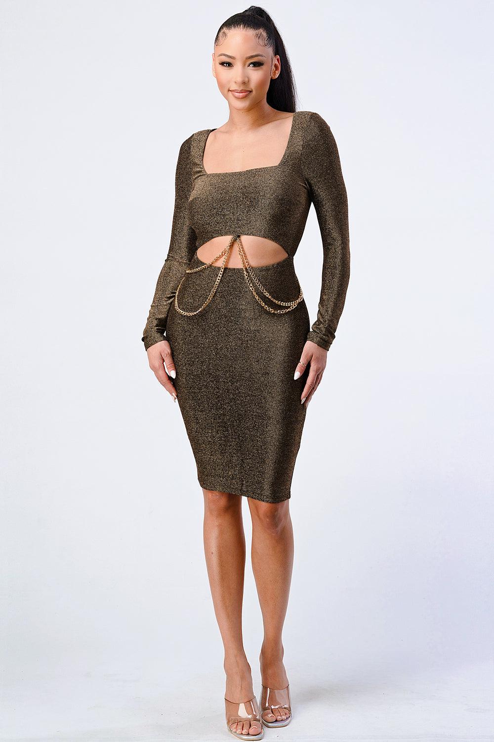 Luxe Waist Gold Chain Cut-out Detail Square Neck Glitter Bodycon Dress Blue Zone Planet