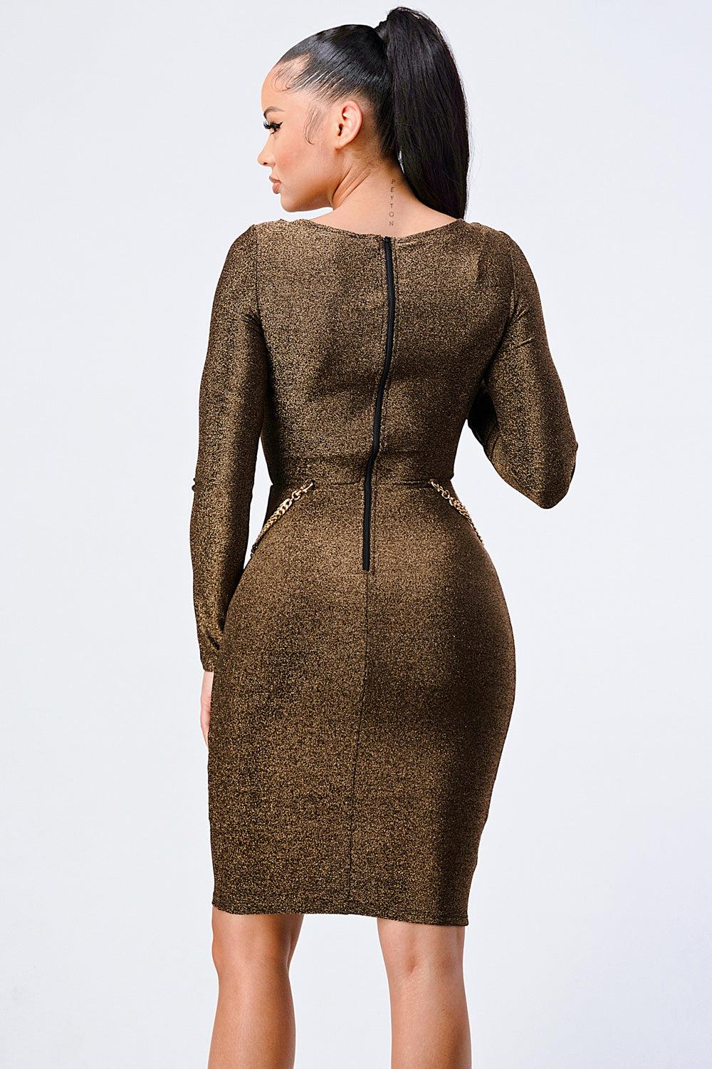 Luxe Waist Gold Chain Cut-out Detail Square Neck Glitter Bodycon Dress Blue Zone Planet