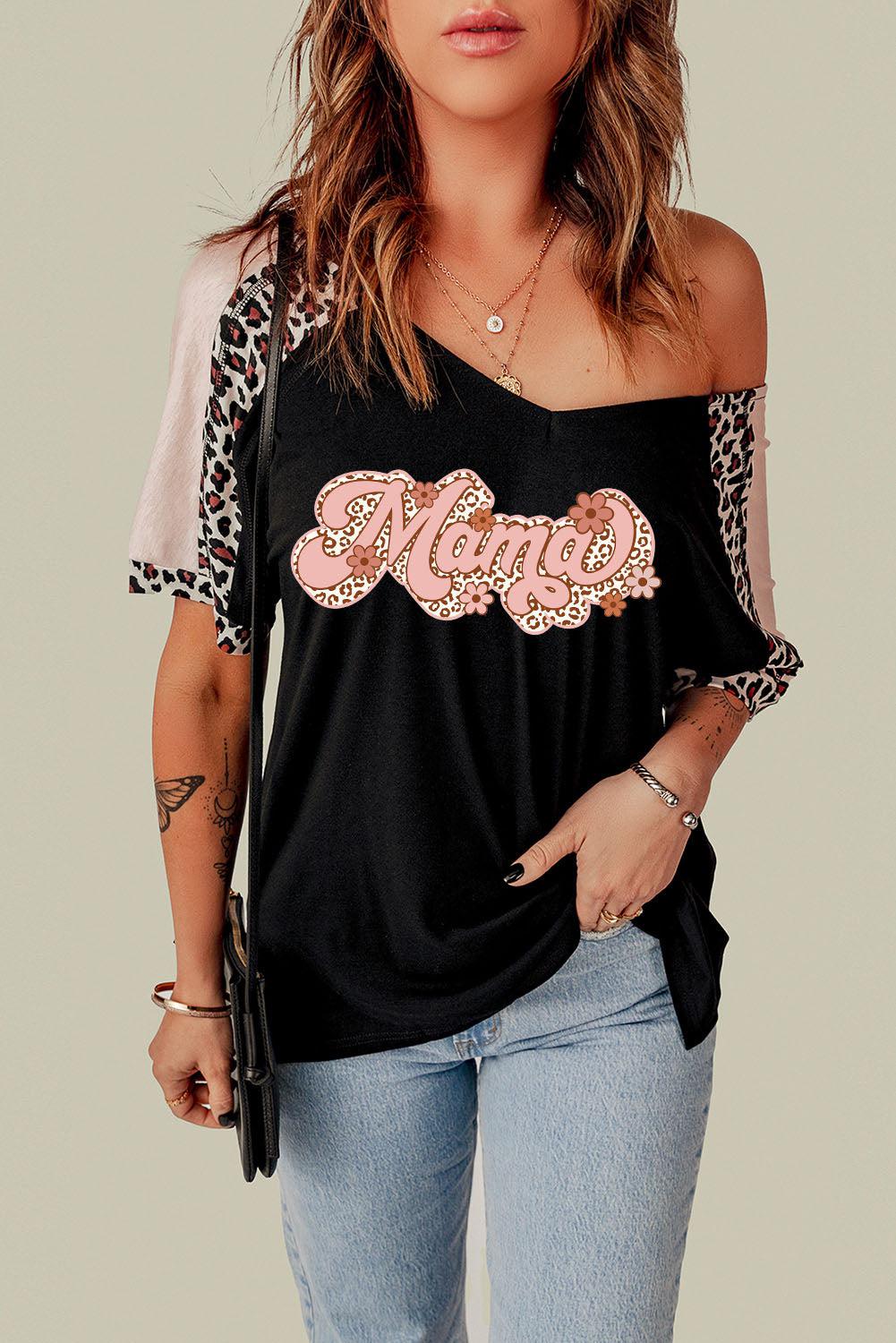 MAMA Graphic Leopard V-Neck Tee Shirt BLUE ZONE PLANET