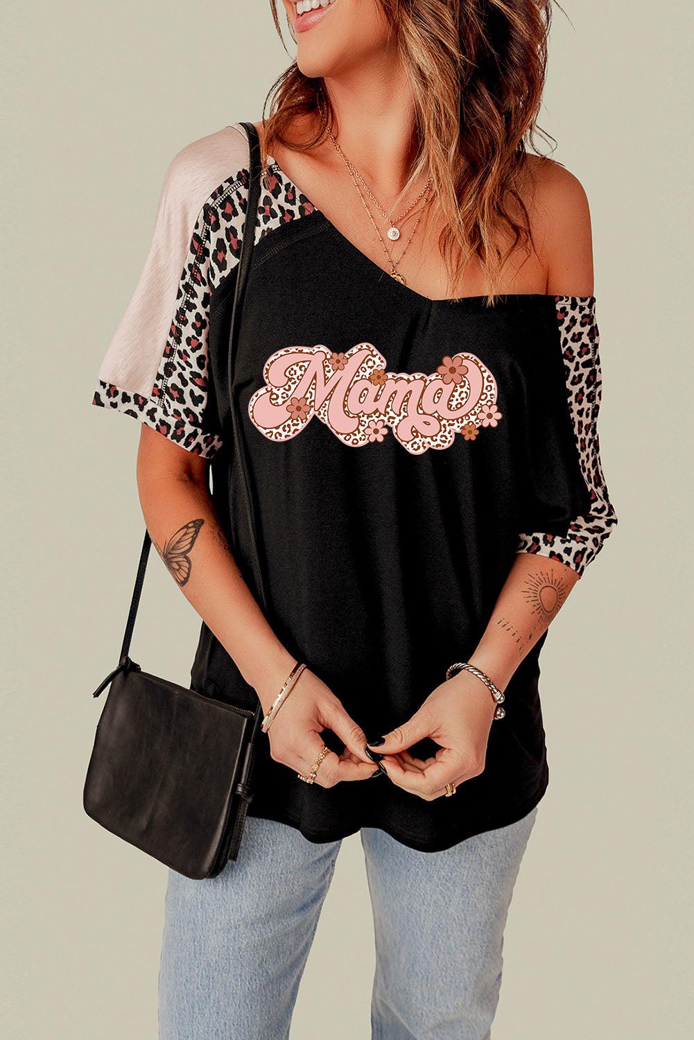 MAMA Graphic Leopard V-Neck Tee Shirt BLUE ZONE PLANET