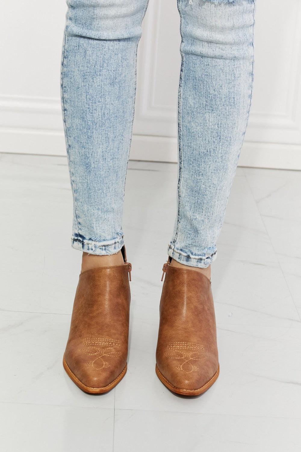 MMShoes Trust Yourself Embroidered Crossover Cowboy Bootie in Caramel BLUE ZONE PLANET