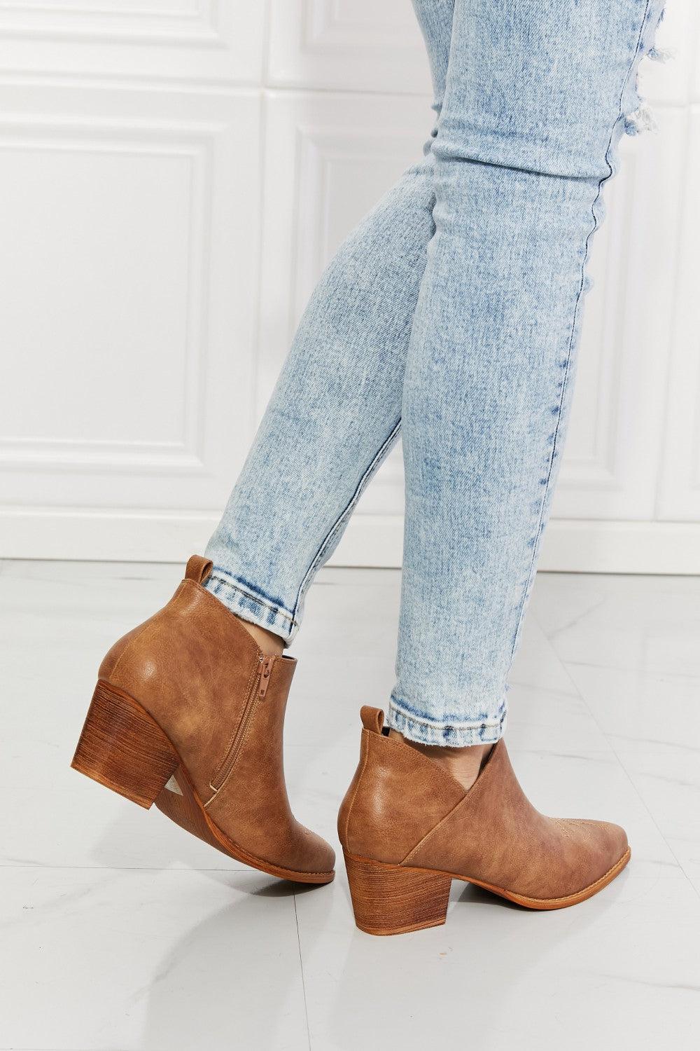 MMShoes Trust Yourself Embroidered Crossover Cowboy Bootie in Caramel BLUE ZONE PLANET
