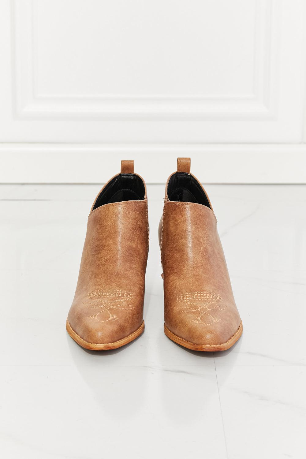 MMShoes Trust Yourself Embroidered Crossover Cowboy Bootie in Caramel BLUE ZONE PLANET