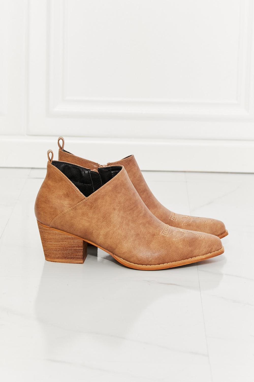 MMShoes Trust Yourself Embroidered Crossover Cowboy Bootie in Caramel BLUE ZONE PLANET