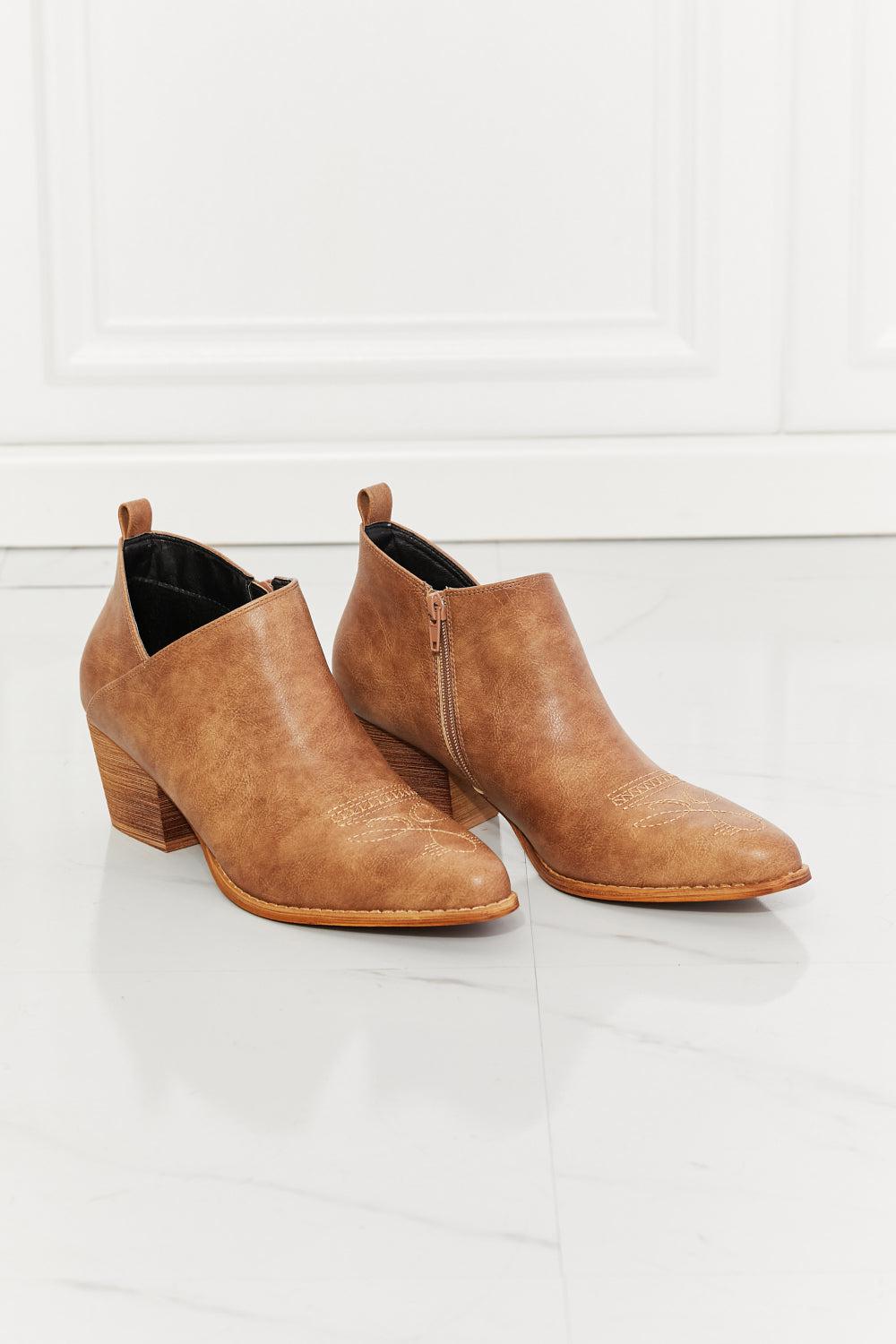 MMShoes Trust Yourself Embroidered Crossover Cowboy Bootie in Caramel BLUE ZONE PLANET