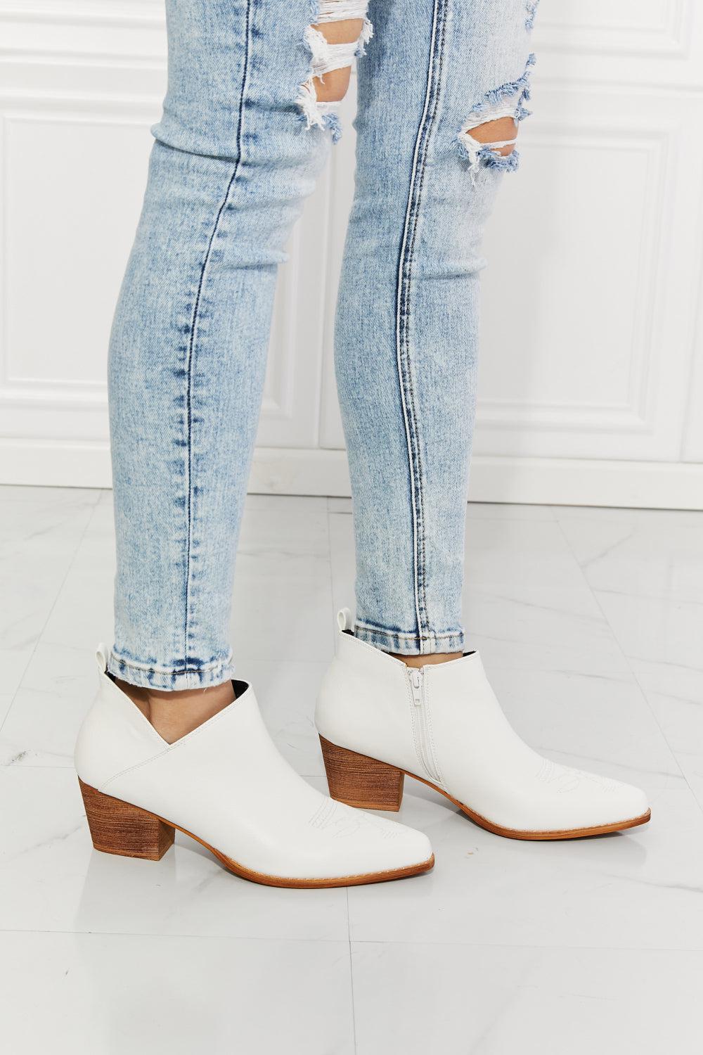 MMShoes Trust Yourself Embroidered Crossover Cowboy Bootie in White BLUE ZONE PLANET