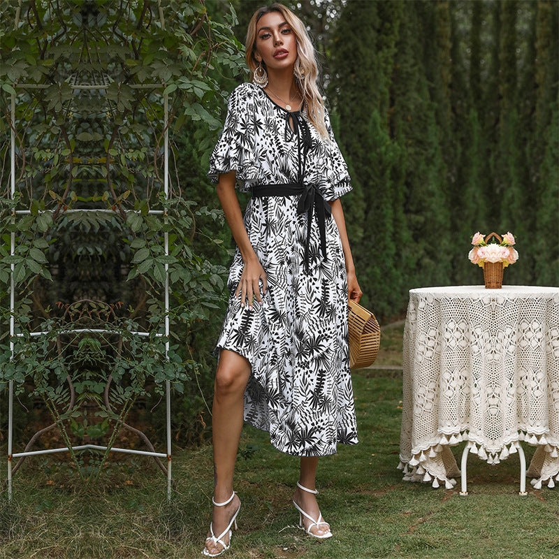 Blue Zone Planet | Printed v-neck short-sleeved Mori dress long BLUE ZONE PLANET