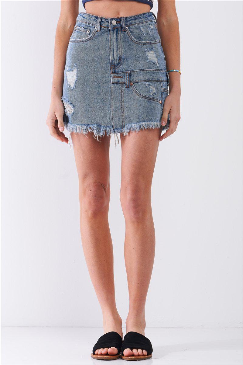 Medium Blue Denim High-waist Distressed Effect Asymmetrical Trim Raw Hem Detail Mini Skirt Blue Zone Planet