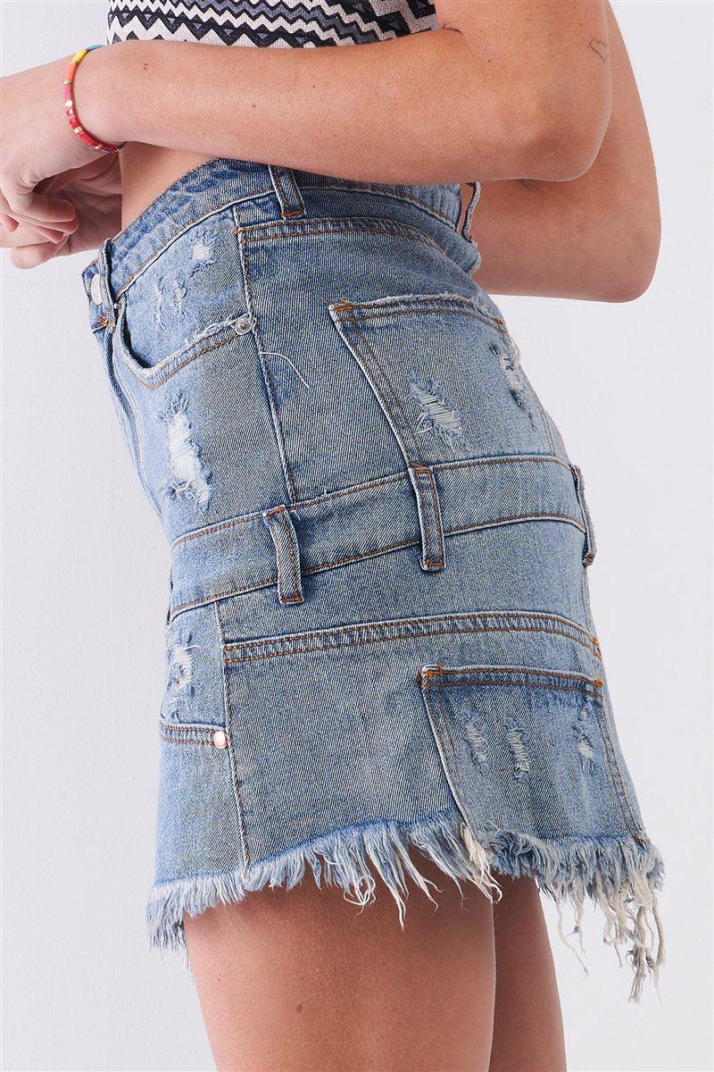 Medium Blue Denim High-waist Distressed Effect Asymmetrical Trim Raw Hem Detail Mini Skirt Blue Zone Planet