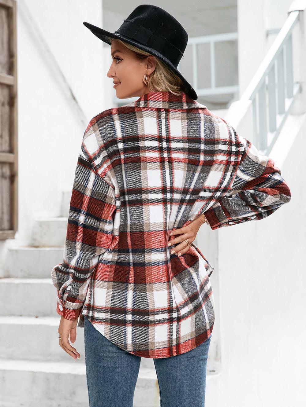 Meet You Outside Plaid Button Down Curved Hem Shacket BLUE ZONE PLANET