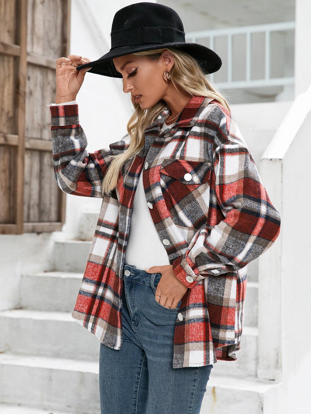 Meet You Outside Plaid Button Down Curved Hem Shacket BLUE ZONE PLANET