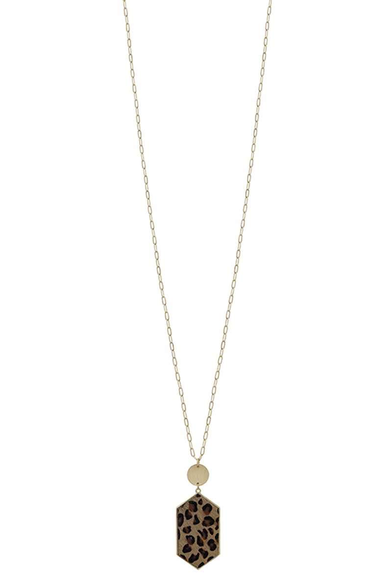 Metal Chain Hexagon Leopard Pendant Long Necklace Blue Zone Planet