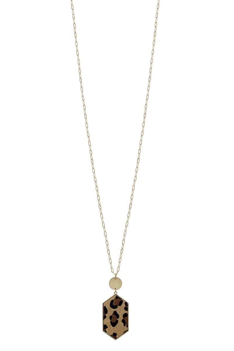 Metal Chain Hexagon Leopard Pendant Long Necklace Blue Zone Planet