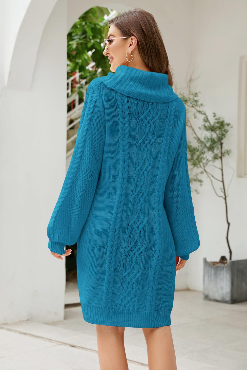 Mixed Knit Turtleneck Lantern Sleeve Sweater Dress BLUE ZONE PLANET