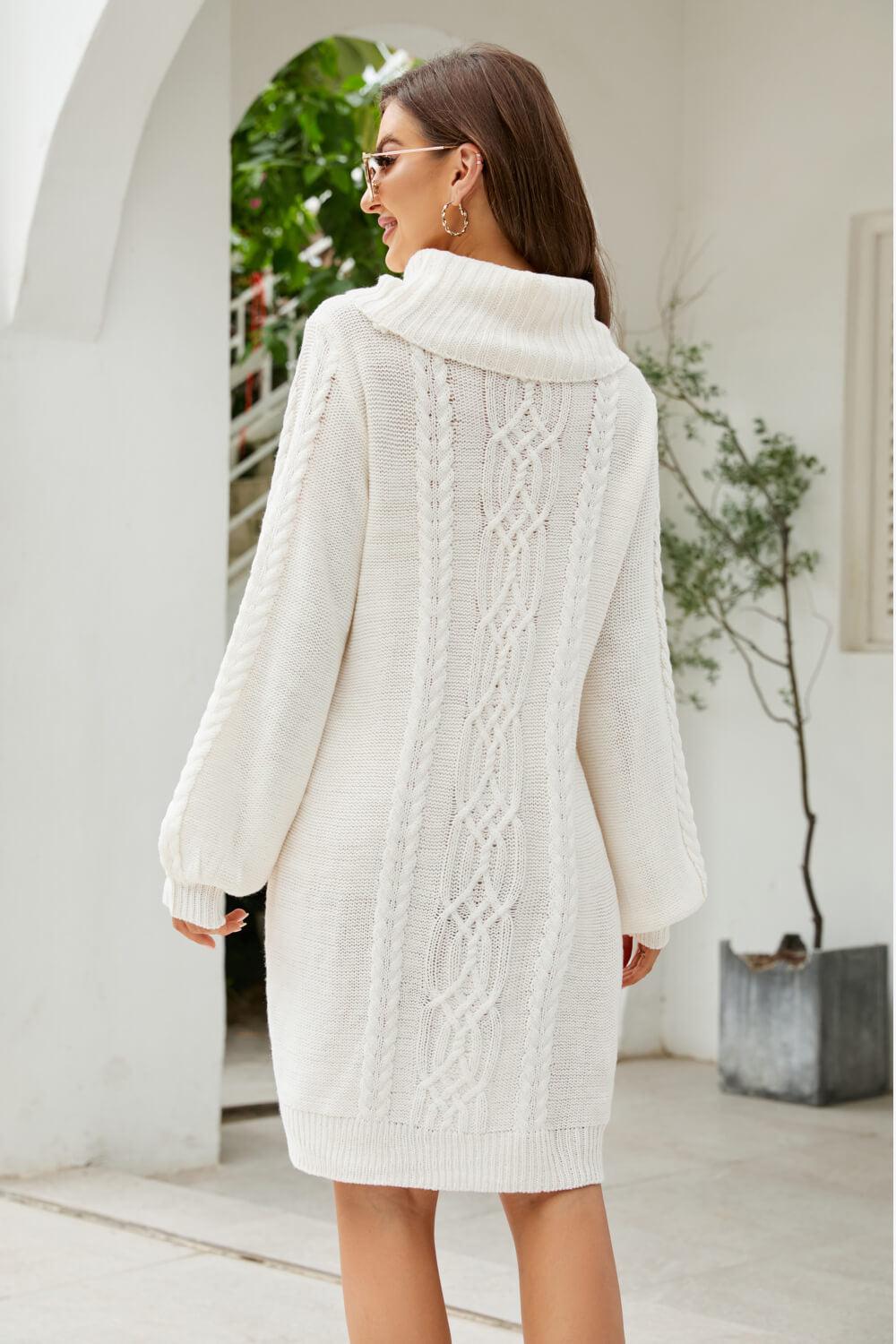 Mixed Knit Turtleneck Lantern Sleeve Sweater Dress BLUE ZONE PLANET