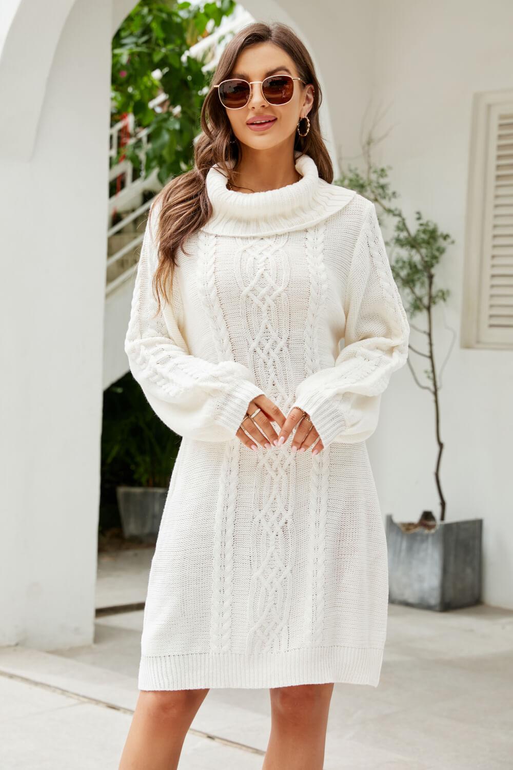 Mixed Knit Turtleneck Lantern Sleeve Sweater Dress BLUE ZONE PLANET