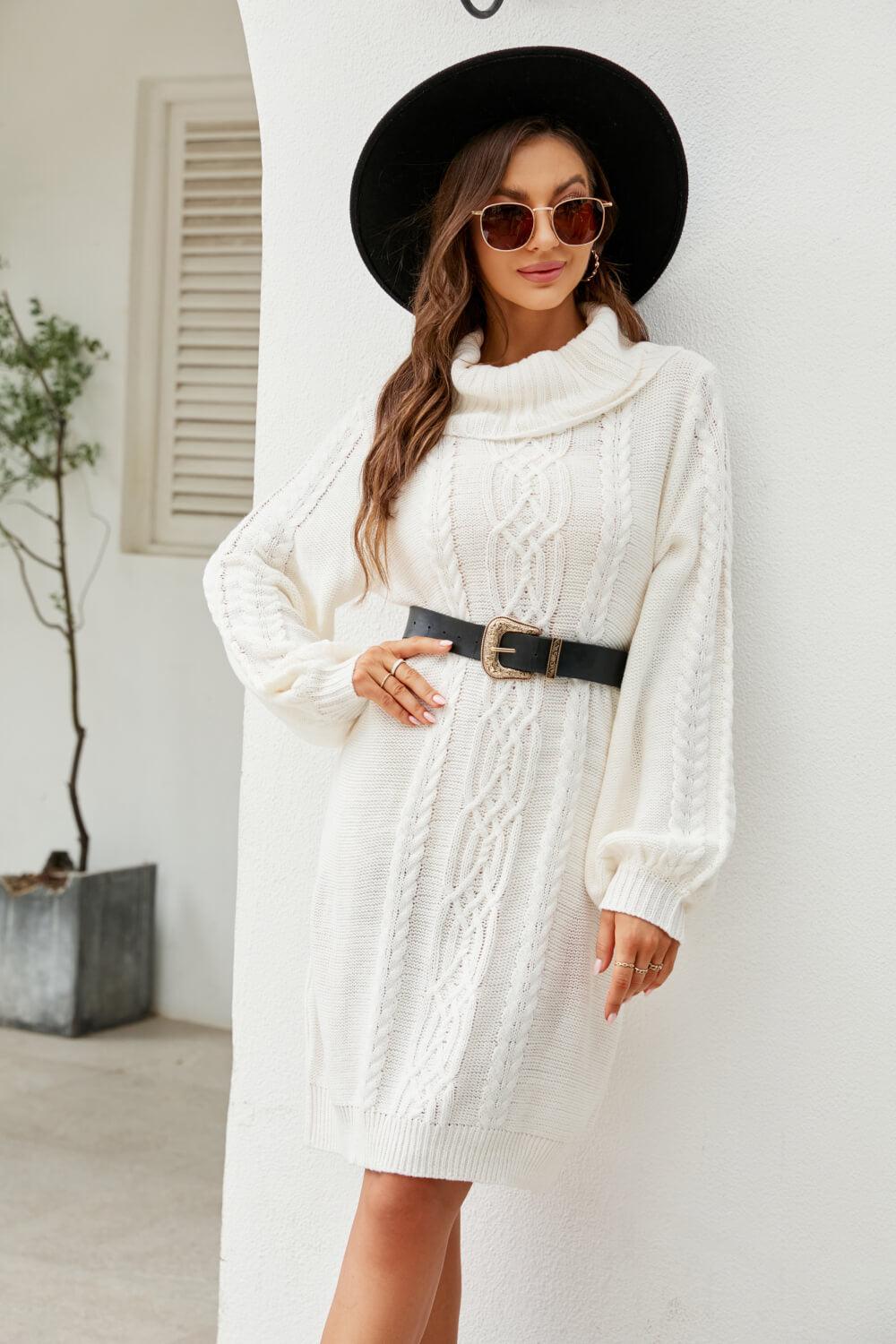 Mixed Knit Turtleneck Lantern Sleeve Sweater Dress BLUE ZONE PLANET