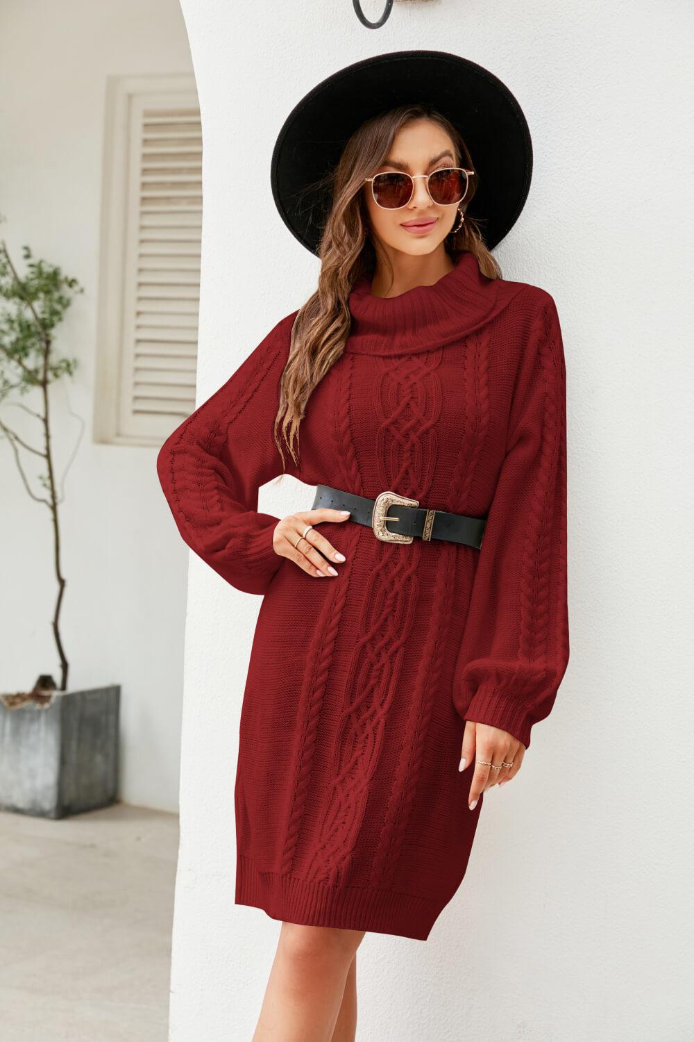 Mixed Knit Turtleneck Lantern Sleeve Sweater Dress BLUE ZONE PLANET
