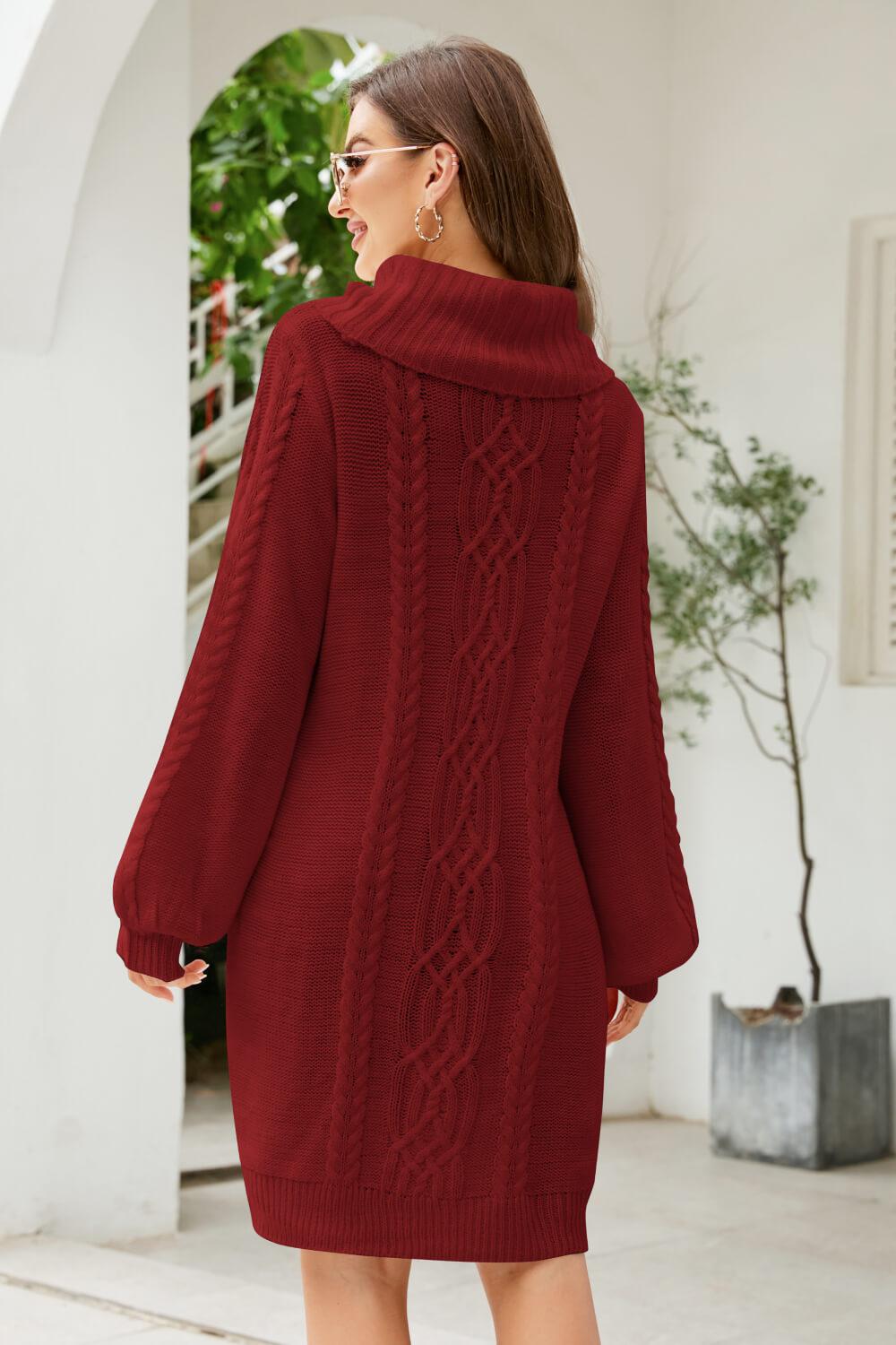 Mixed Knit Turtleneck Lantern Sleeve Sweater Dress BLUE ZONE PLANET