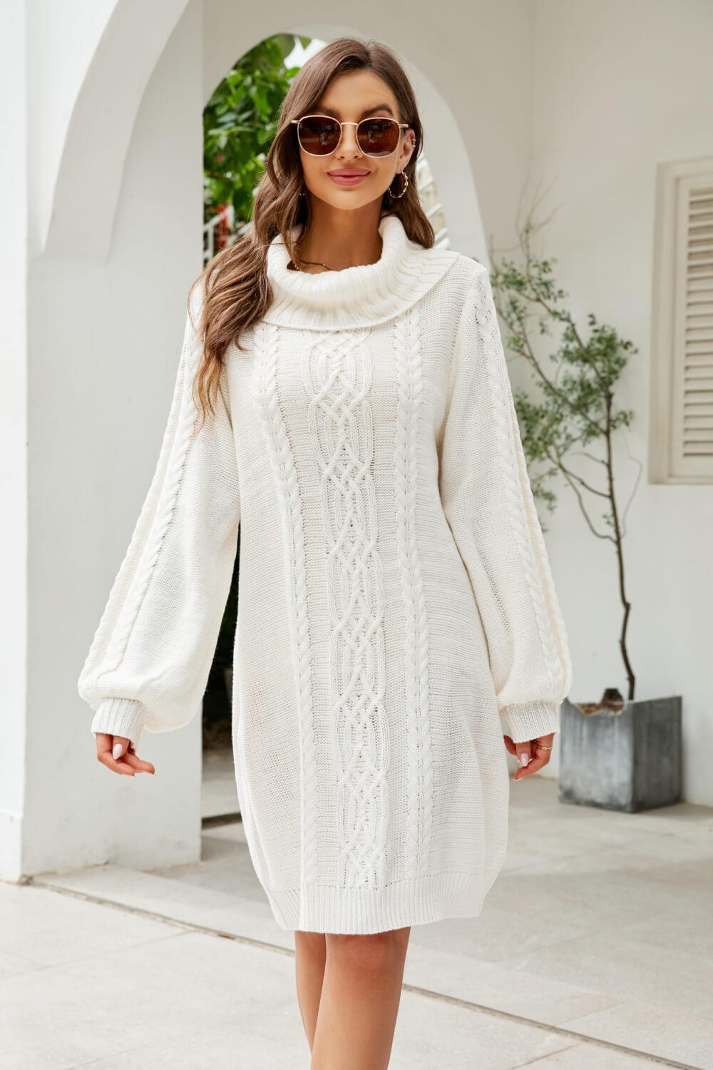 Mixed Knit Turtleneck Lantern Sleeve Sweater Dress BLUE ZONE PLANET