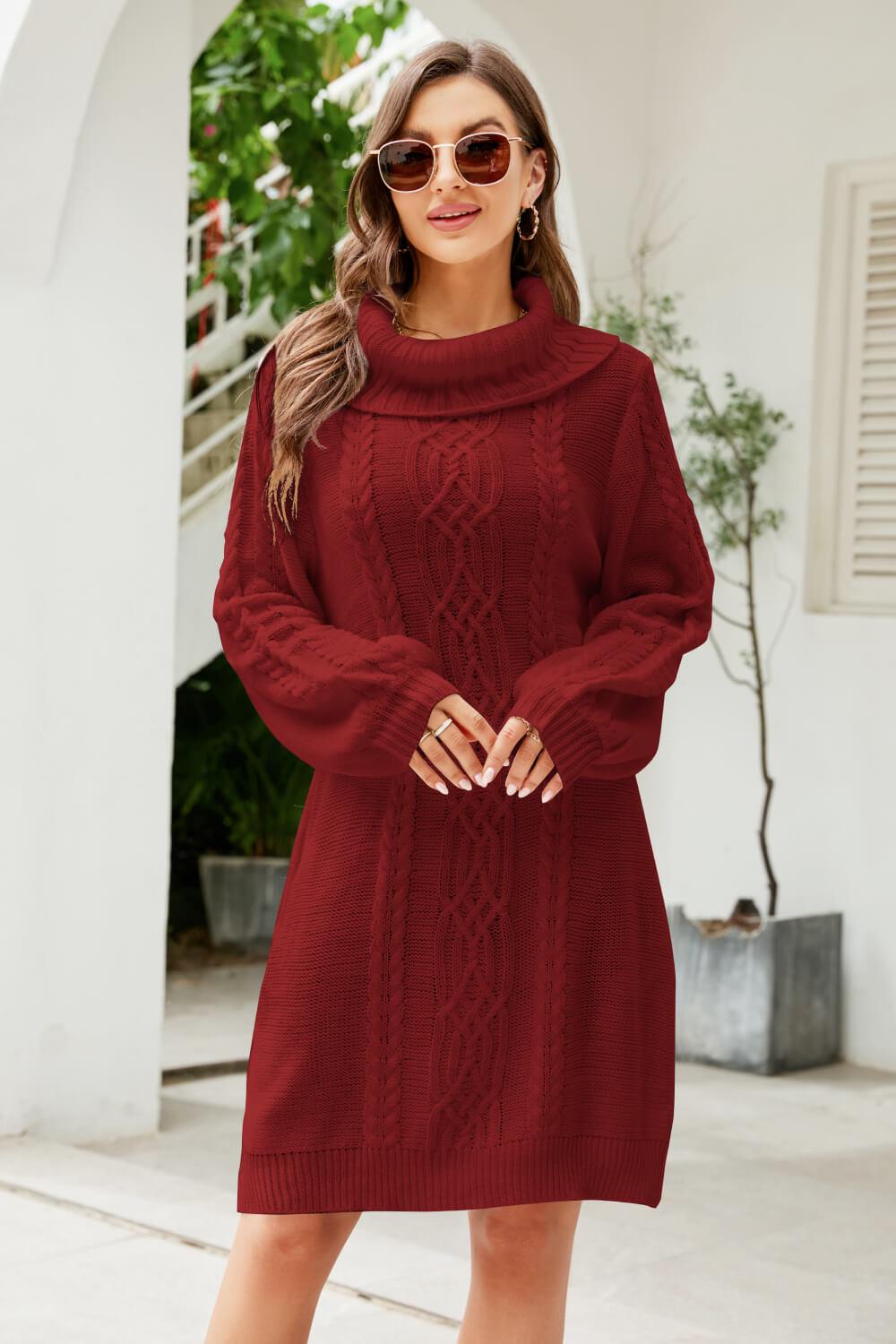 Mixed Knit Turtleneck Lantern Sleeve Sweater Dress BLUE ZONE PLANET