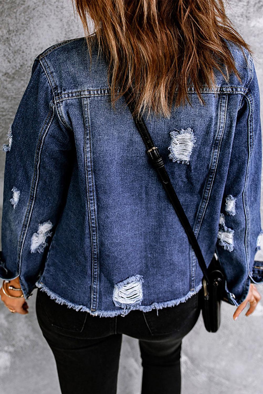 Mixed Print Distressed Button Front Denim Jacket BLUE ZONE PLANET