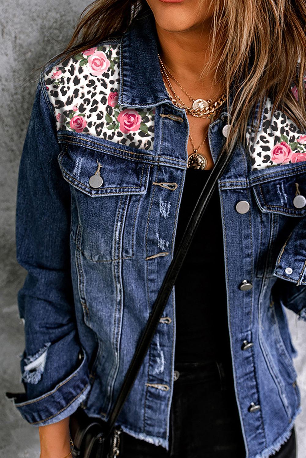 Mixed Print Distressed Button Front Denim Jacket BLUE ZONE PLANET