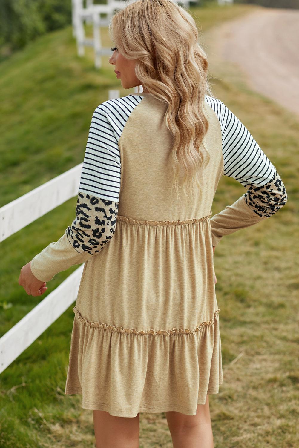 Mixed Print Frill Trim Long Sleeve Dress BLUE ZONE PLANET