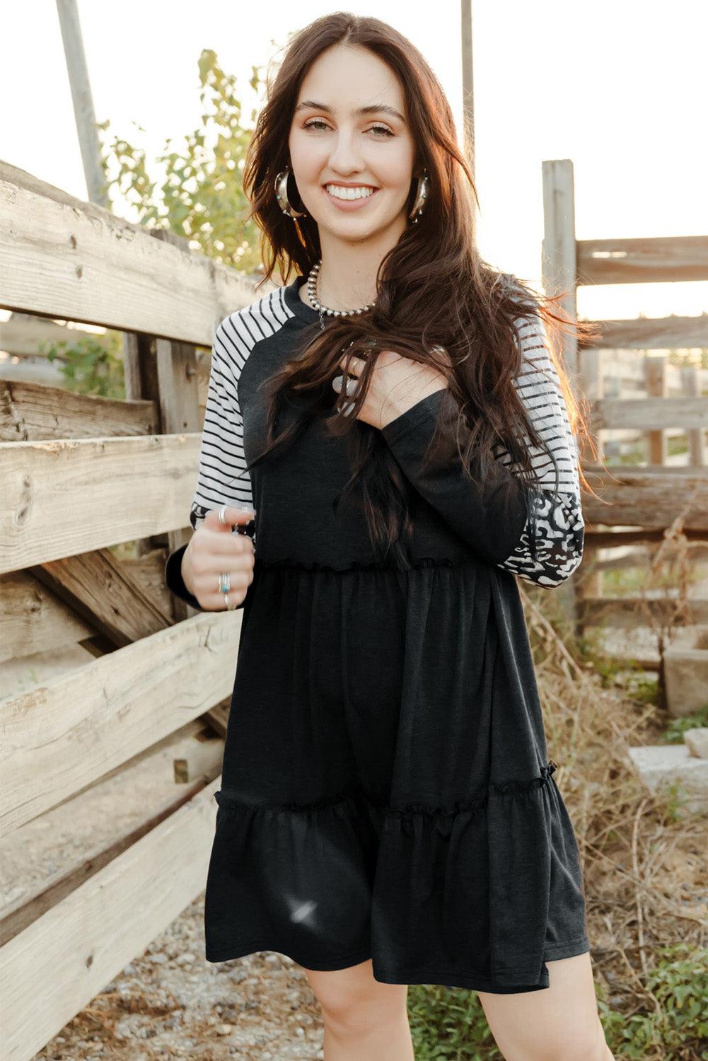 Mixed Print Frill Trim Long Sleeve Dress BLUE ZONE PLANET