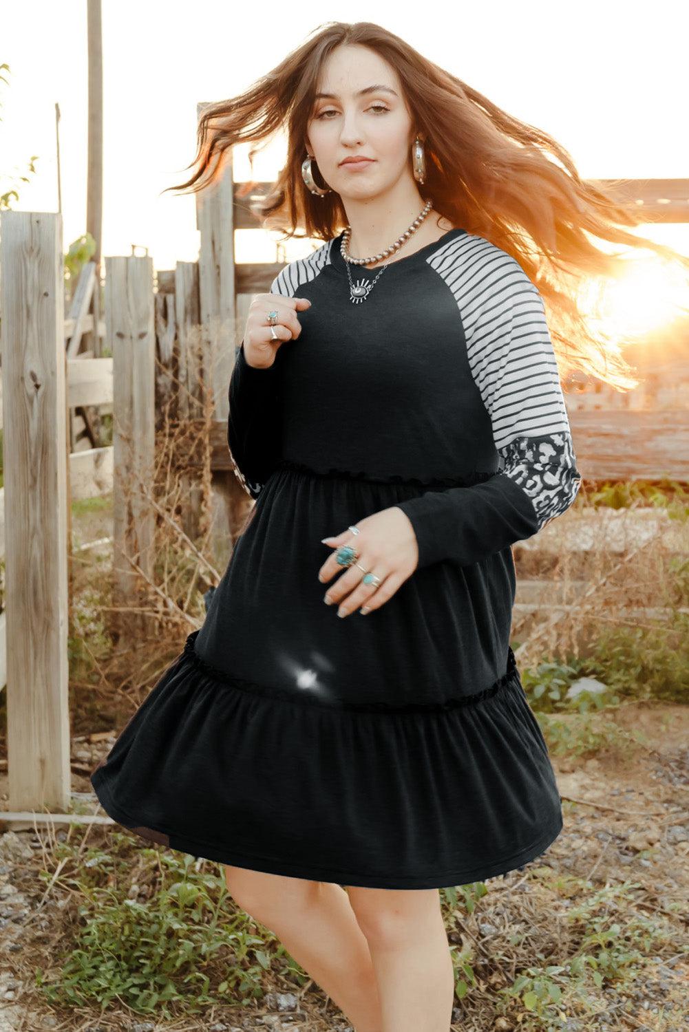 Mixed Print Frill Trim Long Sleeve Dress BLUE ZONE PLANET