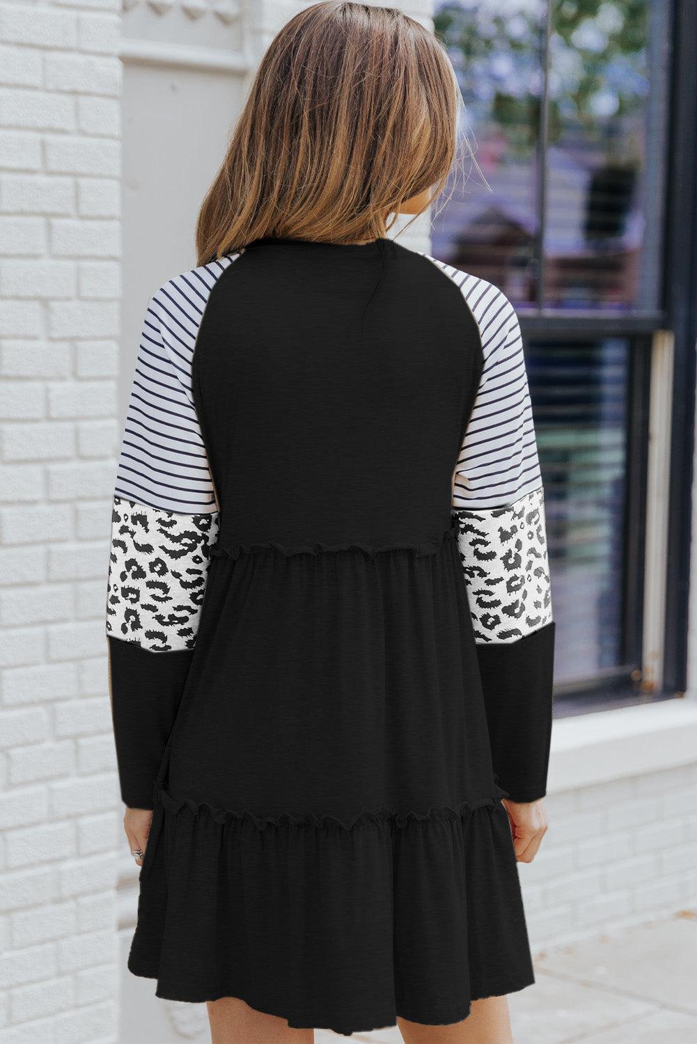 Mixed Print Frill Trim Long Sleeve Dress BLUE ZONE PLANET