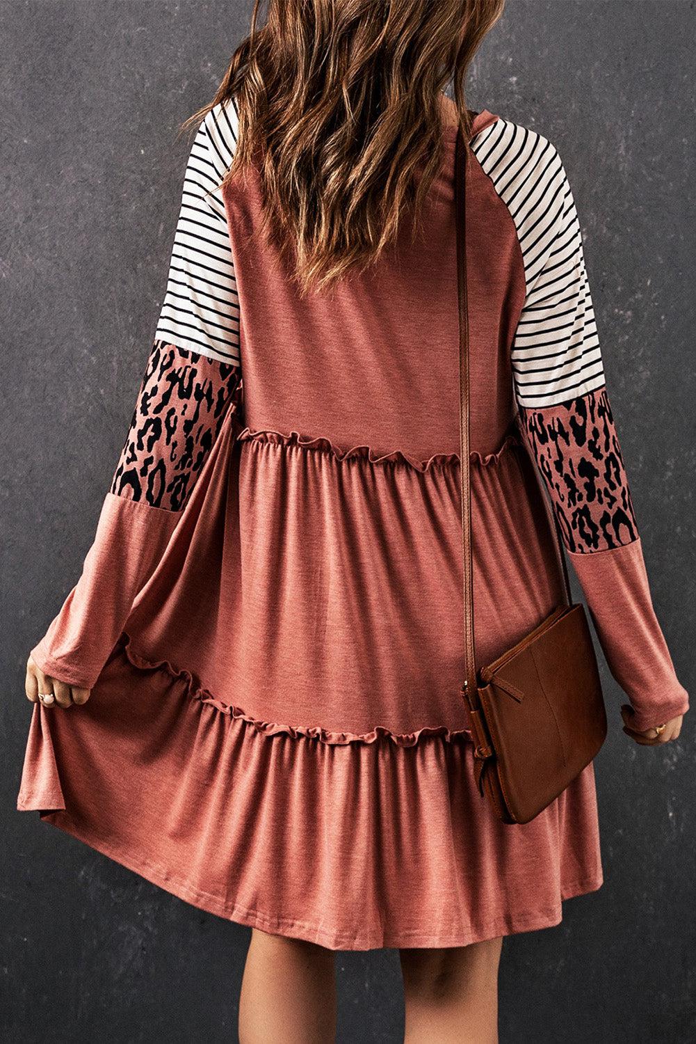 Mixed Print Frill Trim Long Sleeve Dress BLUE ZONE PLANET