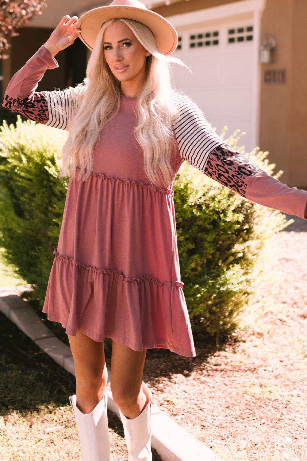 Mixed Print Frill Trim Long Sleeve Dress BLUE ZONE PLANET