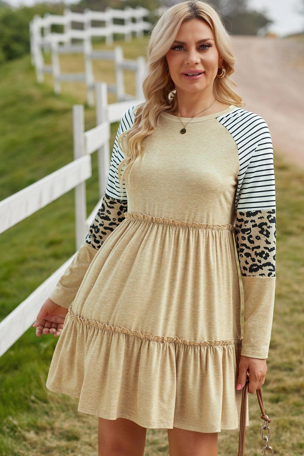 Mixed Print Frill Trim Long Sleeve Dress BLUE ZONE PLANET