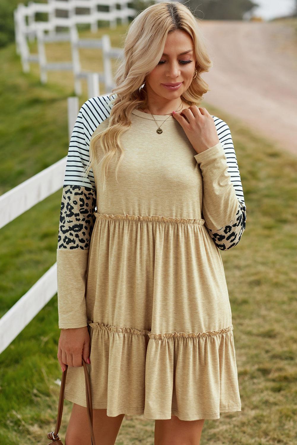 Mixed Print Frill Trim Long Sleeve Dress BLUE ZONE PLANET