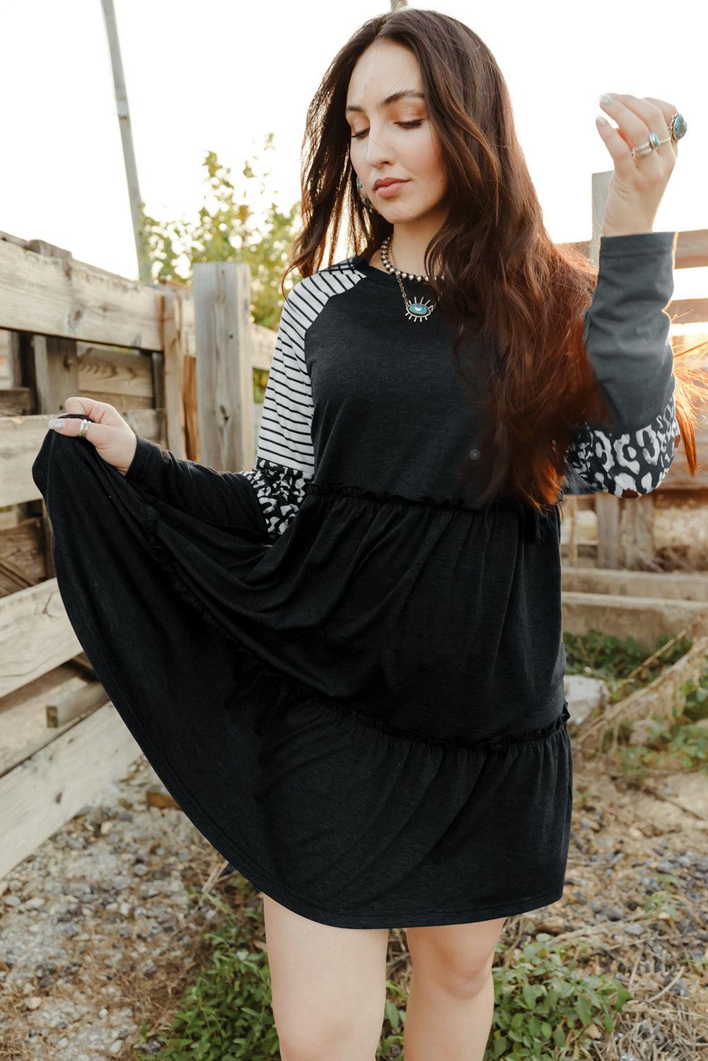 Mixed Print Frill Trim Long Sleeve Dress BLUE ZONE PLANET